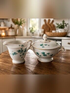 Sango Caprice Japan Covered Sugar Bowl &‎ Creamer Set Green Ivy Gold Trim